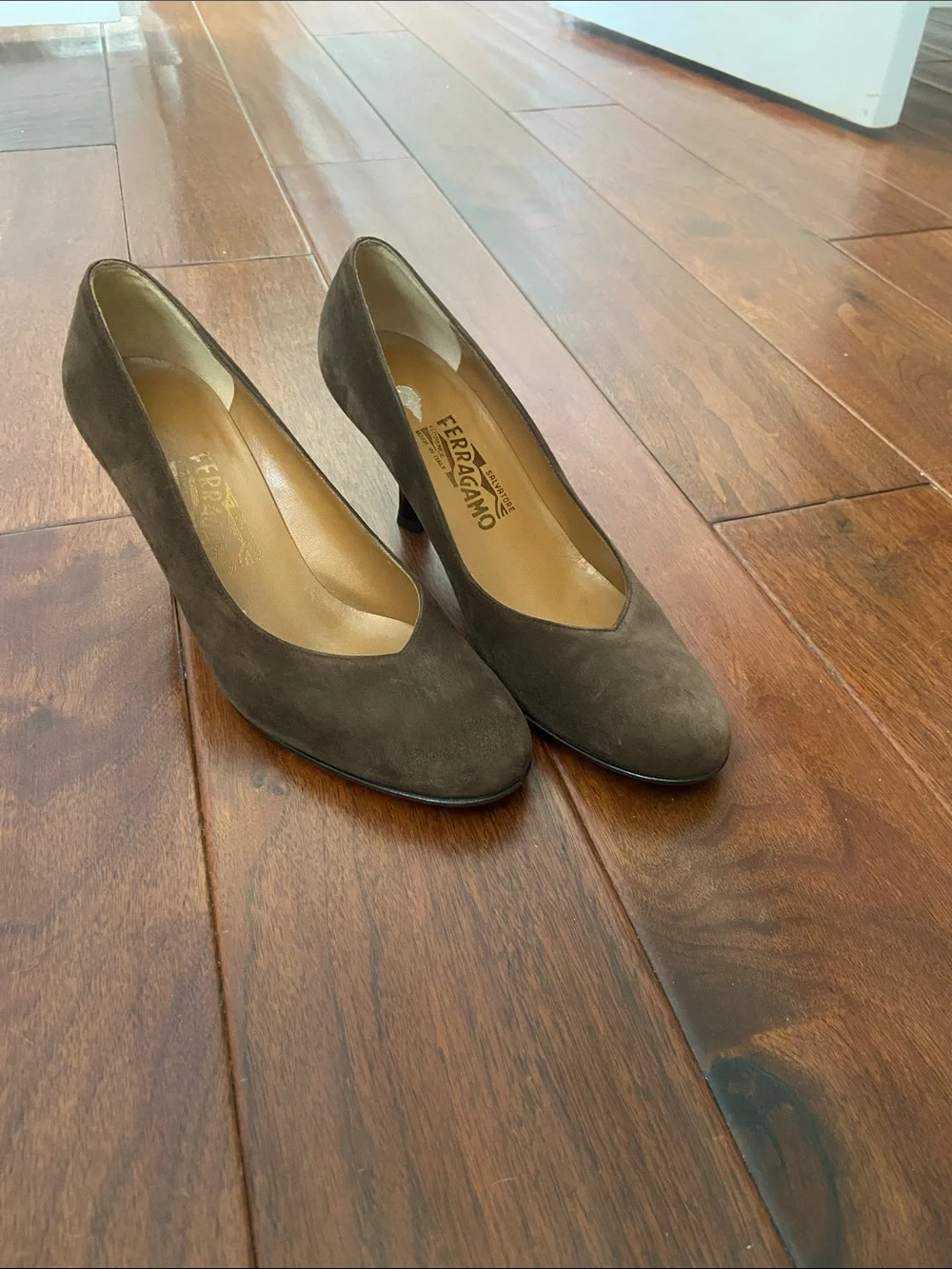 Salvatore Ferragamo Brown Suede Pumps with Lucite Heels